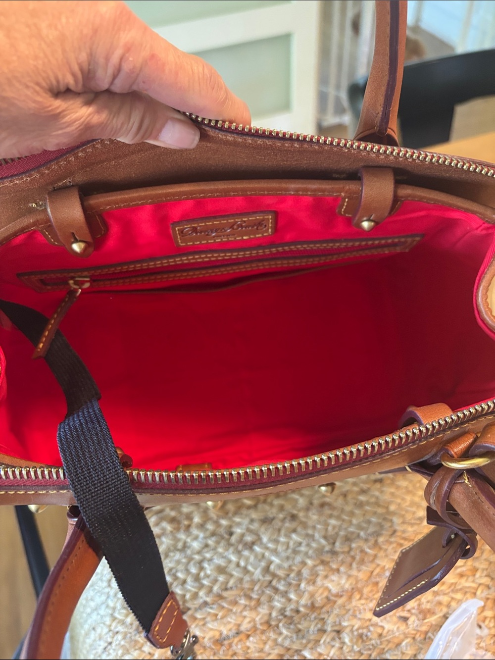 Dooney & Bourke Brown Leather & Cream Canvas Satchel with Adjustable Strap - Picture 6 of 11